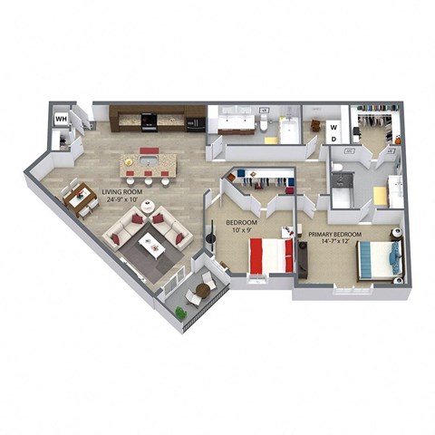 Floor plan for 2 beds, 2 baths, 1217 sqft